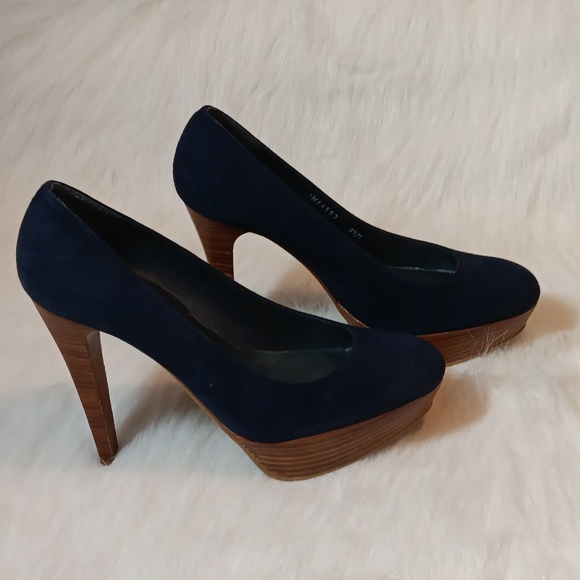 Stuart Weitzman Blue Suede Wooden Heels Size 8.5 M - Picture 3 of 8